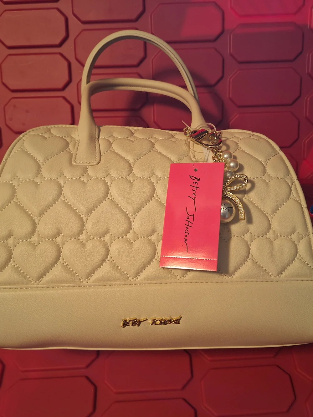 Betsey Johnson Cream Quilted Heart Satchel with Charm